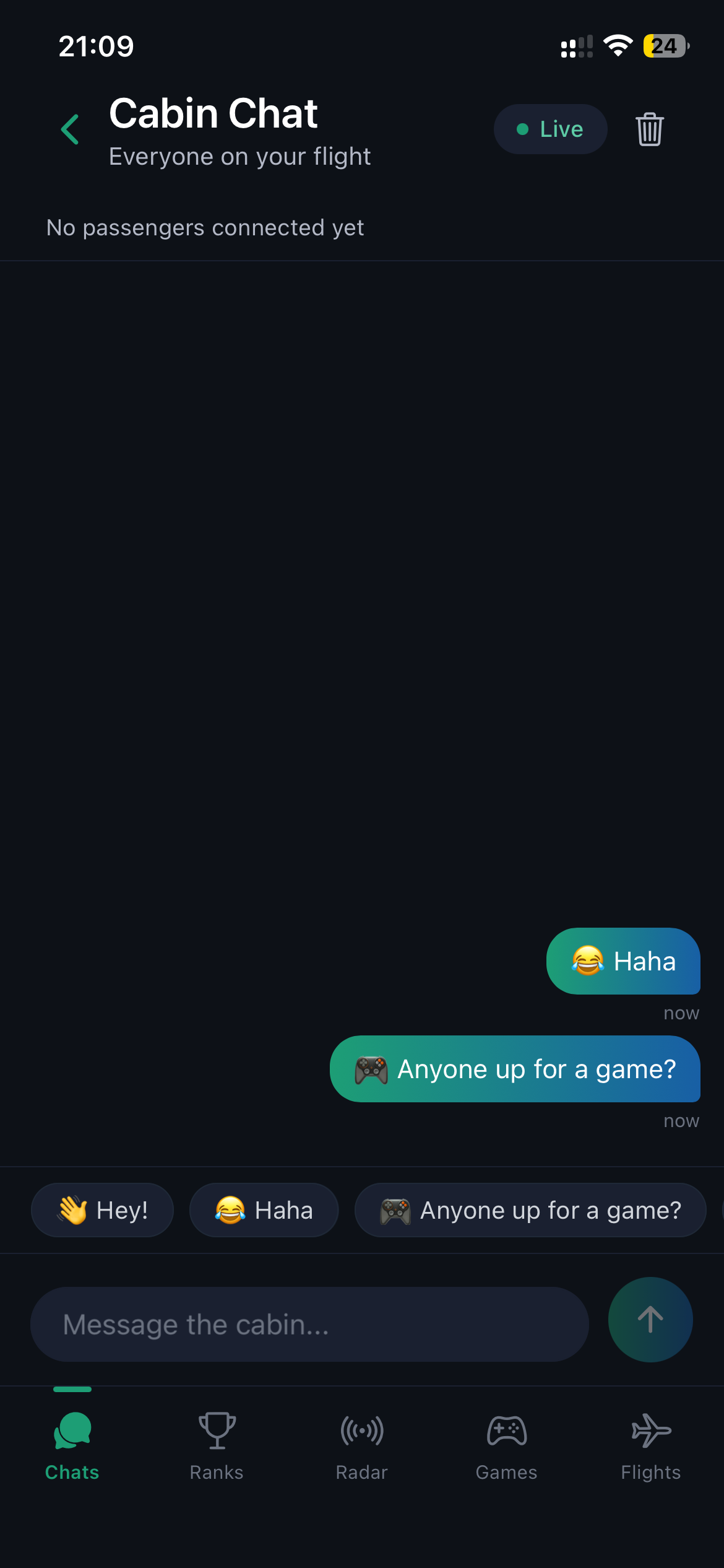 Anonymous chat screen showing a conversation with nearby passengers