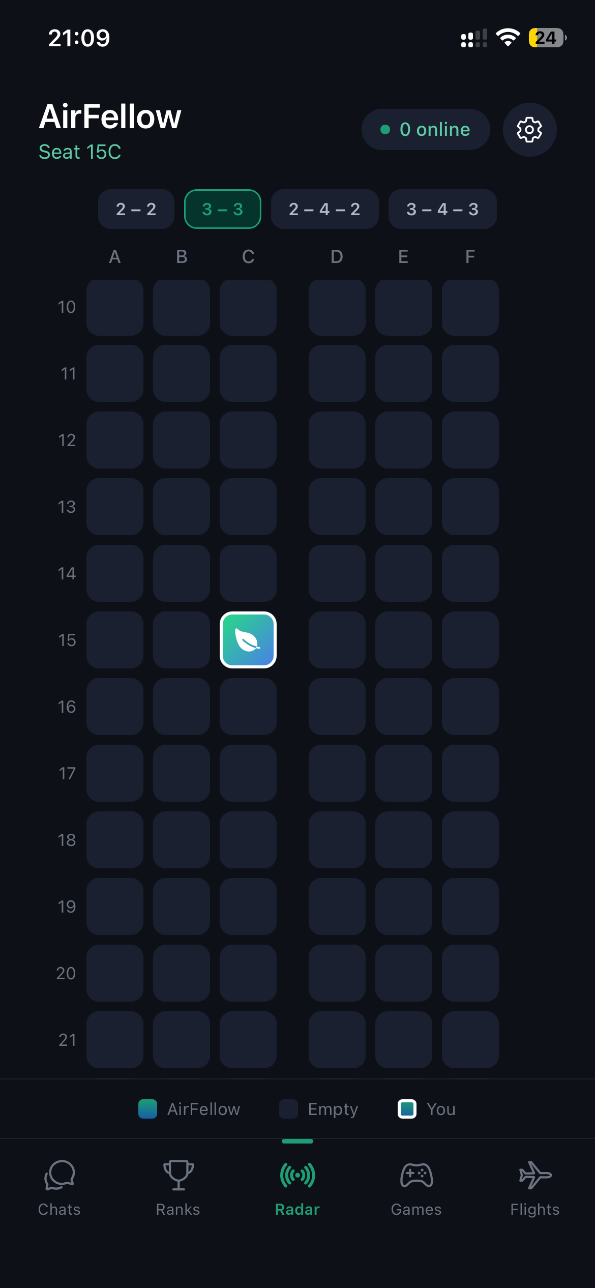 Cabin radar view: glowing dots represent nearby passengers